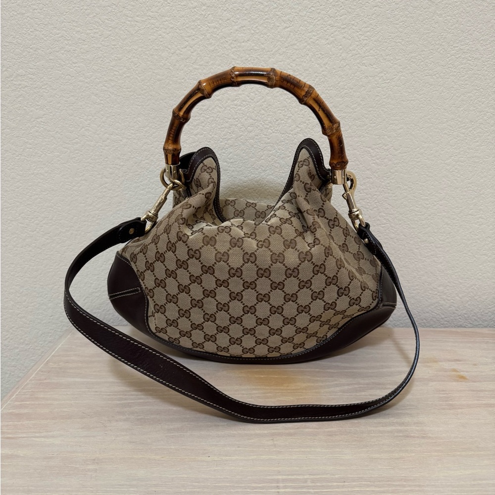 Gucci Beige Monogram Canvas Bamboo Handle Shoulder Bag with Brown Leather Trim